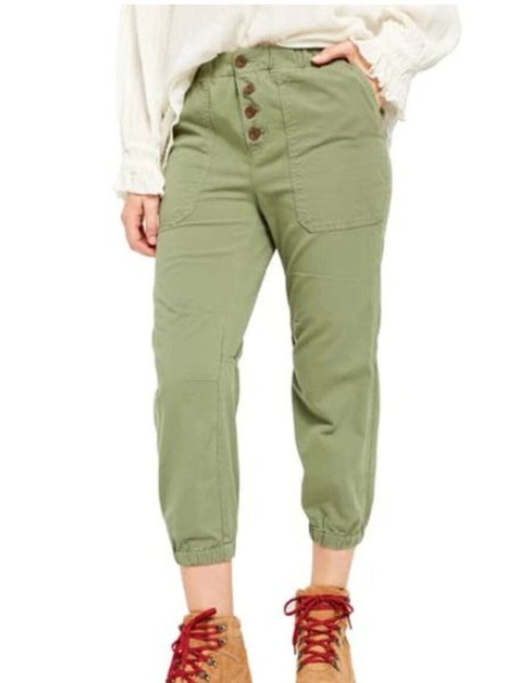 Free People Moss Green Canvas Cadet Button Fly Jogger Chino Pant M